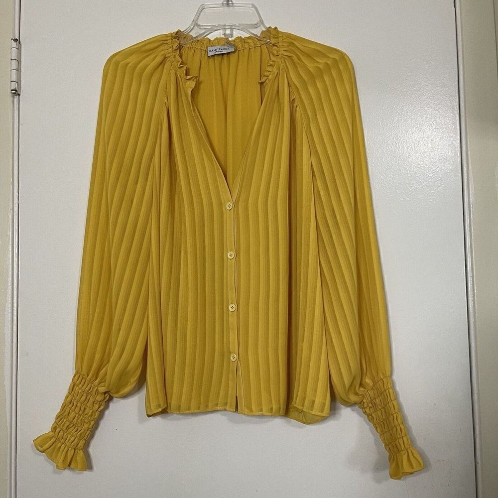 RAMY BROOK Yellow pinstripe ruffle collar lightweight button front blouse Small